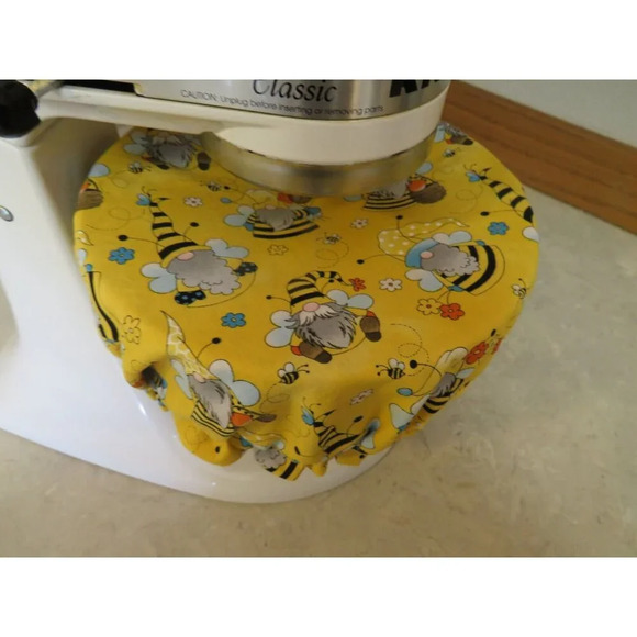 Kitchenaid Bowl Cover Bee Gnomes Reversible Mixer Cover White and Black Ticking - Picture 2 of 6